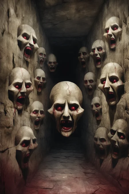 <lora:Santiago Caruso Style:1>Santiago Caruso Style - gloomy long tunnels of catacombs, stone faces carved in wall with ruby eyes, one face is crying, second face is smiling, third face is grim, more faces fades as tunnel go further into the darkness