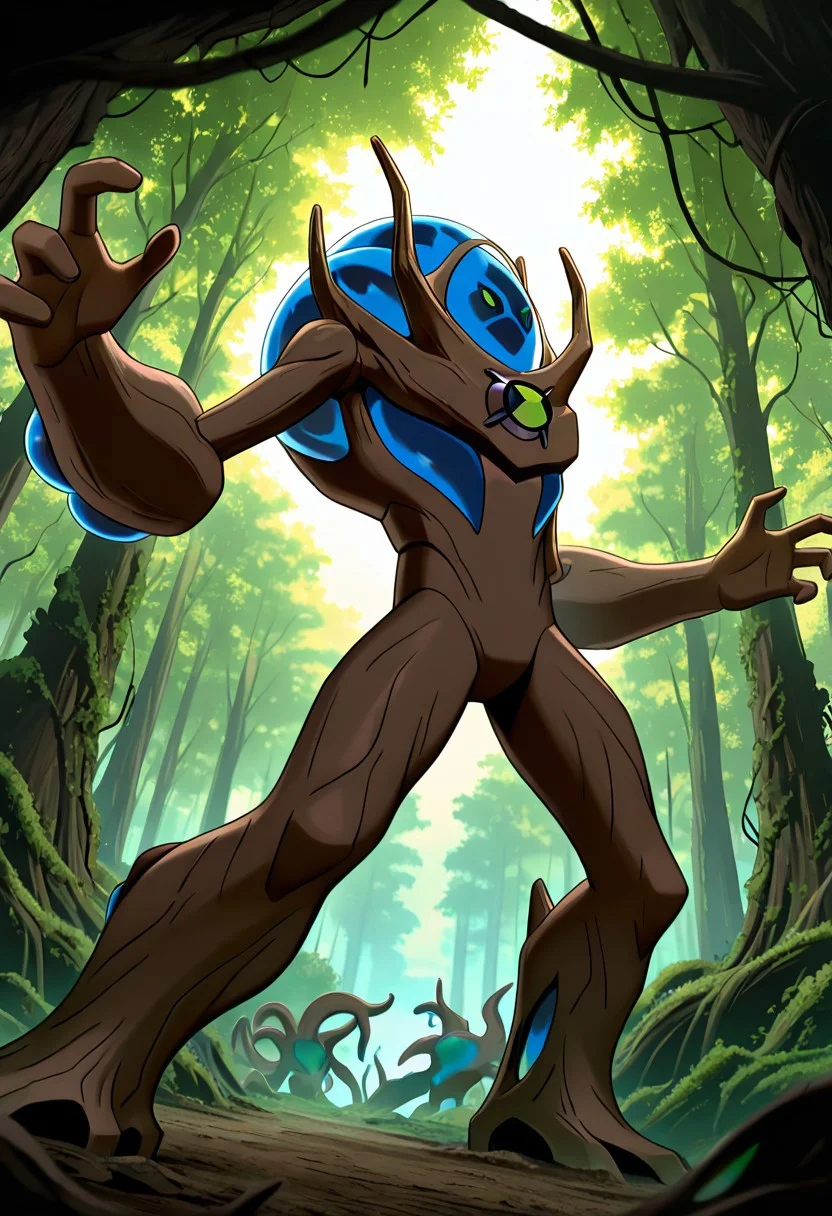 masterpiece, best quality, amazing quality, very aesthetic, absurdres, newest,
,ultswam, standing, pokemon (creature), solo, green eyes, monster, brown skin, alien, massive arms, no humans,
overgrown forest, brown forest, dead forest, tentacle attack, brown tentacles, wooden tentacles, from below, foreground blur, background blur