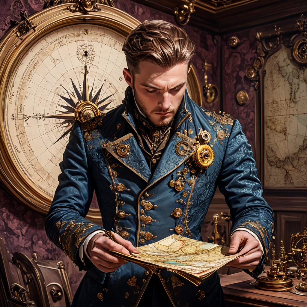 <lora:Rococo_Steampunk_SDXL:1> ArsMJStyle, Rococo Steampunk,  The image shows a man in a fitted jacket with brass buttons examining a map with a mechanical compass in a richly decorated room.