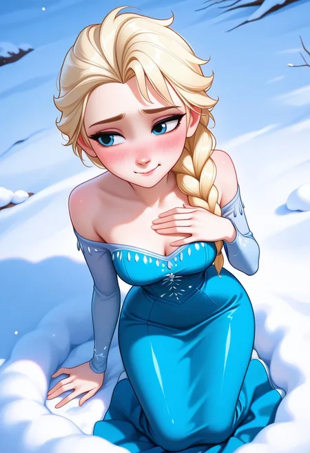 Great quality, great anatomy,
1girl, medium breasts, narrow waist, wide hips, (ElsaXL:1.1), blonde hair, blue eyes, single braid, hair over shoulder, blue dress, bare shoulders, long sleeves, long skirt,
Pouting, smiling, embarrassed , sad eyes, eyes half closed, look away, snow, dynamic pose, on knees, fidgety, shy pose, pulling viewers, hand on chest, high angle, from above, side view.
<lora:ElsaXL_Character:0.7>
Viewer pov