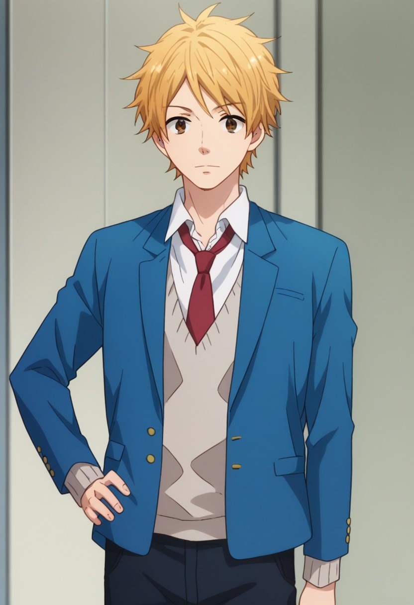 score_9, score_8_up, score_7_up, source_anime, highly detailed, 
natsuki, 1boy, male focus, school uniform, solo, necktie, blonde hair, jacket,
upper body, blazer, brown eyes, hand on hip, pants, sweater, red necktie,
looking at viewer,