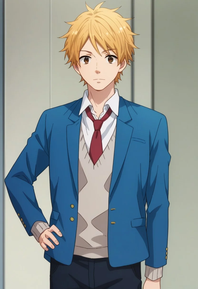 score_9, score_8_up, score_7_up, source_anime, highly detailed,
natsuki, 1boy, male focus, school uniform, solo, necktie, blonde hair, jacket,
upper body, blazer, brown eyes, hand on hip, pants, sweater, red necktie,
looking at viewer,