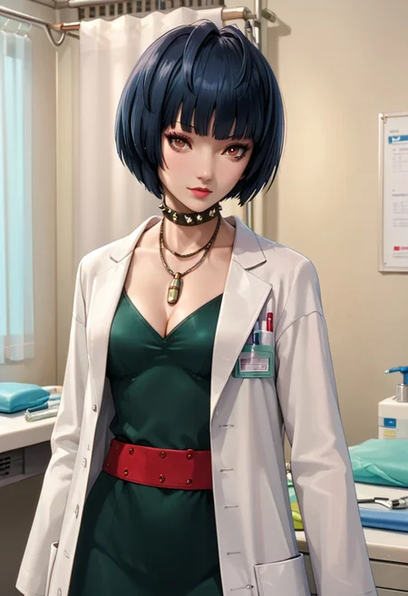 score_9, score_8_up, score_7_up, source_anime, 4n1v3rs3, (masterpiece, Highest quality:1.4), (beautiful, perfection, delicate, Complex:1.2), (cute, Fascinating), (Depth of written border:1.2), Realistic Face:1.2,
1 girl, 30 years old, mature female,
p5tae, tae takemi, short hair, bob cut, bangs, labcoat, necklace, choker, studded collar, short dress, dark green dress, cleavage, red belt, gladiator sandals, platform footwear,
Hospital, examination room, examination table, standing, view from front. cowboy shot,