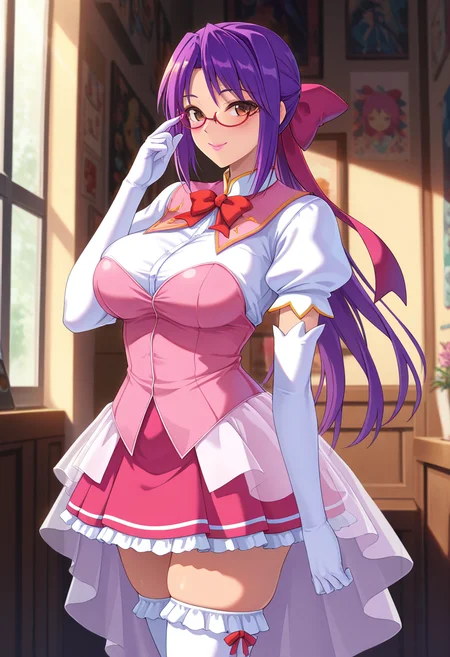 masterpiece, best quality, amazing quality, absurdres, 1girl, solo, cowboy shot, sayuriww, mature female, brown eyes, purple hair, long hair, purple hair ribbon, purple hair bow, glasses, red-framed eyewear, pink lips, large breasts, magical girl costume, white shirt, pink dress, white elbow gloves, white frilled thighhighs, pink shoes, looking at viewer, smile, indoors, day, skindentation, detailed clothing folds, depth of field, sharp, high contrast, dynamic light <lora:Serizono_Sayuri_Gakuen_Saimin_Reido_ill:0.8>