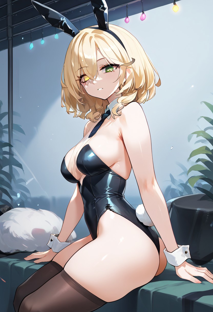zPDXL3, score_9_up, score_8_up, score_7_up, (Anime_source), 1girl, AbigailAgnes, heterochromia, green eye, yellow eye, playboy bunny, thighhighs, looking at viewer, cowboy shot, from side, sitting, disco party,