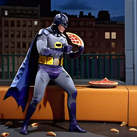 Ultra-realistic high quality 8k masterpiece of a breathtakingly gorgeous fighting game with 1 b4tm4n man as a fighter eating pizza<lora:mk style:0.8> in fighting pose, gorgeously detailed fighter sprites, extremely detailed eyes and facial features, side view, wide shot, full body view , gotham city night time gorgeous lush background <lora:b4tm4n-v2:0.875>