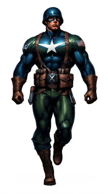 score_9, score_8_up, score_7_up, a man with a strong jaw in a tactical navy blue (muscled superhero costume with green armored highlights:1.2), (m1 helmet:1.4), (superhero domino mask:1.2), leather gloves, laced combat boots, bullet bandolier across his chest, gunslinger belt, huge biceps, (white background:1.2), character design, concept art, detailed face, high Detail, Sharp focus, dramatic, (full body shot:1.2), (solo:1.2), <lora:ArtgermLycoXL:0.5> <lora:c0rb3nXLP:0.5> c0rb3n <lora:detailed_hands:1> hands, <lora:ComicsPonyXL_V2:0.7> Comistyle <lora:WW2_Superhero_Costume:1>