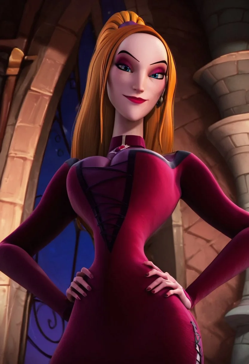 frieda (hna red dress), 1girl, redhead, orange hair, long hair, high ponytail, makeup, makeup, lipstick, red lips, eyeshadow, blue eyes, jewelry, earrings, thin body, choker, corset, dress, dark red purple dress, cleavage, score_8_up, score_7_up, BREAK, 1girl, solo, looking at viewer, cute, smirk, from below, hands on hips, head tilt, female focus, looking at viewer, castle background, detailed background, 4k, masterpiece, best quality, highly detailed, realistic, 3d,
Expressiveh