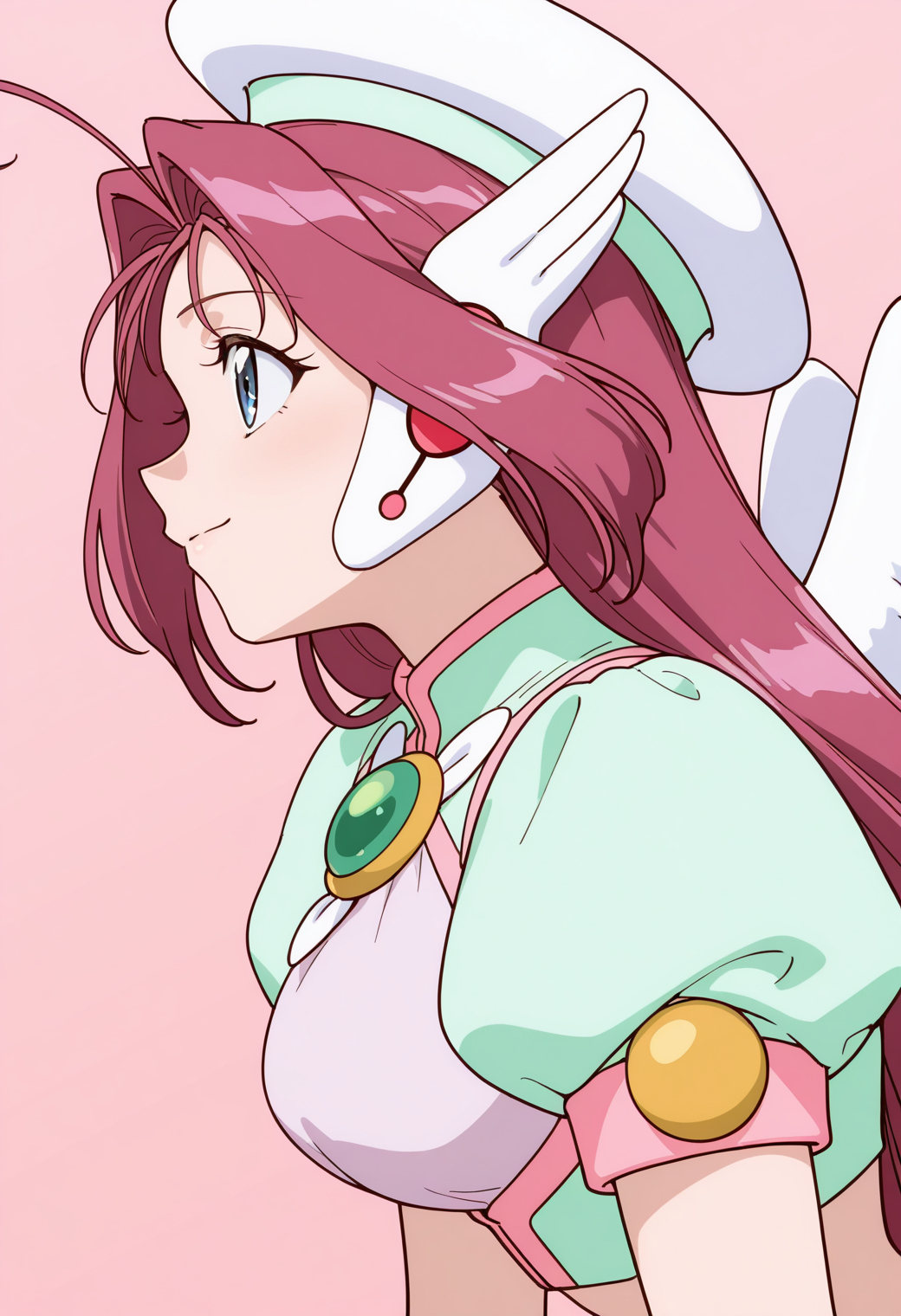masterpiece, best quality, very aesthetic, absurdres, 1girl, solo,
<lora:corrector_haruna_angel_v01:0.9>, corrector_haruna, angel_element_suit, pink hair, long hair, ahoge, blue eyes,
magical girl, hat, crop top, puffy short sleeves, gem, brooch, angel wings, profile, (smile:0.7), portrait
