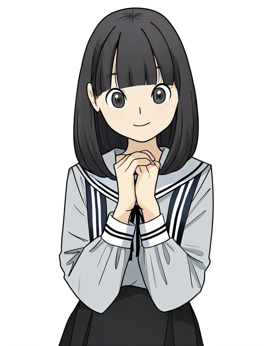white background,simple background,smile,own hands together,upper body,looking at viewer,<lora:lijing_noob:1>,skin2,lijing,1girl,solo,medium hair,black hair,black eyes,blunt bangs,sailor collar,long sleeves,school uniform,serafuku,grey shirt,black skirt,
masterpiece,best quality,very aesthetic,absurdres,