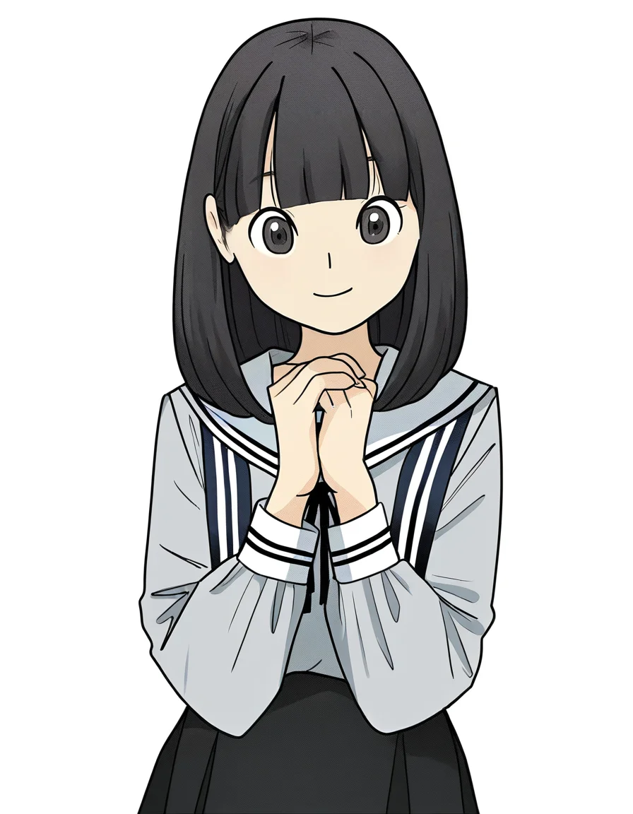 white background,simple background,smile,own hands together,upper body,looking at viewer,<lora:lijing_noob:1>,skin2,lijing,1girl,solo,medium hair,black hair,black eyes,blunt bangs,sailor collar,long sleeves,school uniform,serafuku,grey shirt,black skirt,
masterpiece,best quality,very aesthetic,absurdres,