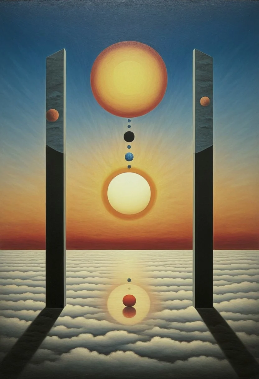Futuristic Citadels Above the Clouds
:
Smooth, chrome-like towers pierce a sea of dawn mists. Warm sunrise hues paint their reflective surfaces, melding sci-fi geometry with serene fog. Jupiter, Saturn, and Mercury align in an eclipse of the sun. The time of reckoning is upon us.
Style tags: Surrealist art, Rafal Olbinski, René Magritte, Jean Arp, Frida Kahlo, Jan van Eyck, William Hogarth, Pierre-Auguste Renoir, Xidong Luo, Kazimir Malevich, nvcmsdx, dunn, traditional media, abstract, painting (medium),