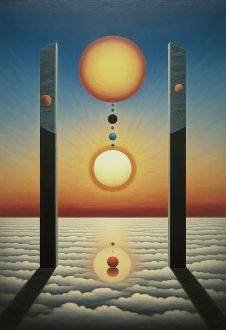 Futuristic Citadels Above the Clouds
:
Smooth, chrome-like towers pierce a sea of dawn mists. Warm sunrise hues paint their reflective surfaces, melding sci-fi geometry with serene fog. Jupiter, Saturn, and Mercury align in an eclipse of the sun. The time of reckoning is upon us.
Style tags: Surrealist art, Rafal Olbinski, René Magritte, Jean Arp, Frida Kahlo, Jan van Eyck, William Hogarth, Pierre-Auguste Renoir, Xidong Luo, Kazimir Malevich, nvcmsdx, dunn, traditional media, abstract, painting (medium),