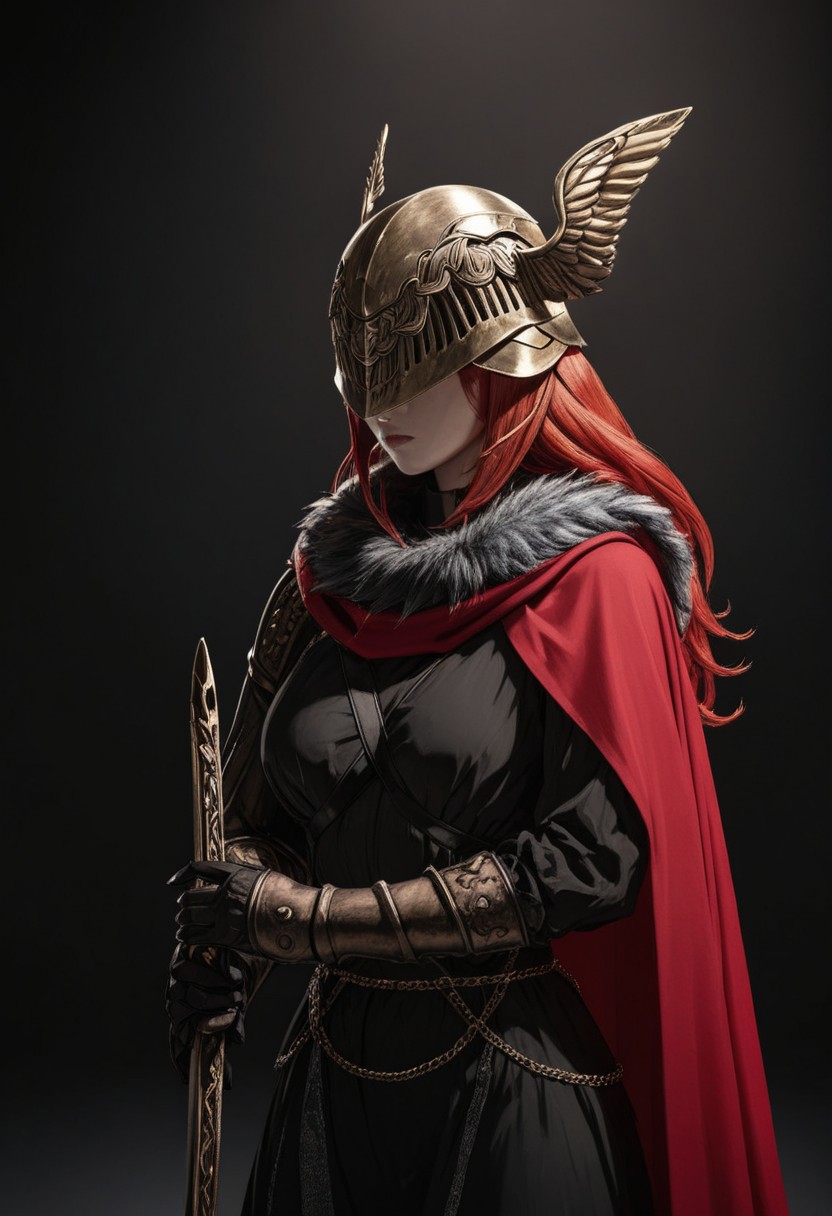 (Masterpiece), high quality, absurdres, BL4CK3STBL4CK, black_theme, matte_color, flat_color, (no_humans), vantablack, art, a woman with red hair, winged helmet, sword, red cape, Black_theme, dark lighting, black background, contrast