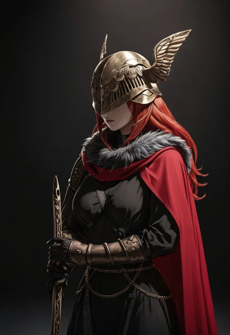 (Masterpiece), high quality, absurdres, BL4CK3STBL4CK, black_theme, matte_color, flat_color, (no_humans), vantablack, art, a woman with red hair, winged helmet, sword, red cape, Black_theme, dark lighting, black background, contrast
