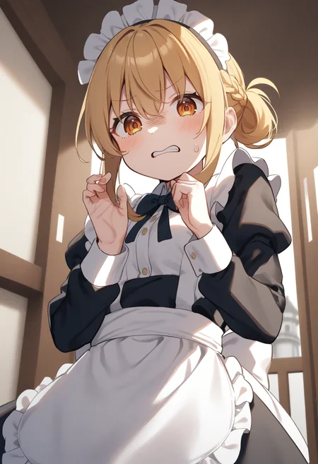 1girl,sincos, ningen mame, toosaka asagi,solo,medium breasts,20yo,maid,maid headdress,
donbiki,<lora:donbiki_XL_v1:0.7>
sweatdrop, looking at viewer, shaded face, turn pale, jitome, disgust, gloom (expression), d:, frown, empty eyes, no pupils, clenched teeth, hands up,
ceiling, fisheye lens, blonde hair, golden eyes, at lighthouse, folded ponytail hair,,
best quality, very aesthetic, absurdres
