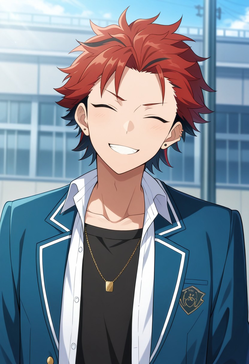 masterpiece,best quality,amazing quality, source_anime, 
kuroooky, 1boy, male focus, solo, closed eyes, red hair, multicolored hair, jewelry, earrings, ear piercing, necklace, school uniform, black undershirt, white shirt, collared shirt, open shirt, jacket, blazer, blue jacket, open jacket, smile, grin,
outdoor,