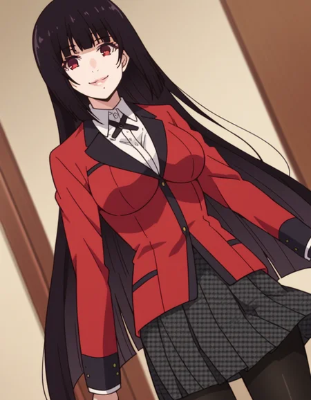 score_9, score_8_up, score_7_up, source_anime, <lora:yumeko-jabami-s2-ponyxl-lora-nochekaiser:1>, yumeko jabami, long hair, bangs, black hair, very long hair, blunt bangs, hime cut, red eyes, large breasts,, skirt, shirt, school uniform, jacket, white shirt, pantyhose, pleated skirt, collared shirt, black pantyhose, blazer, red jacket,, indoors, smile, looking at viewer, solo,, cowboy shot, dutch angle