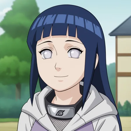 outdoors, 
 <lora:HinataSDXL:0.8>,
1girl, long hair, dark blue hair, blunt bangs, white eyes, no pupils, forehead protector, long sleeves, konohagakure symbol, hood down, looking at viewer, breasts,fishnets,solo, smile,portrait, 
anime screencap, anime coloring,