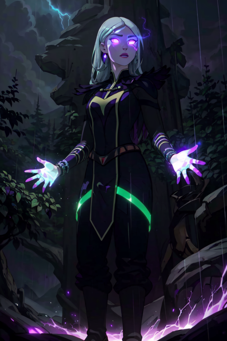 Claudia, green eyes, long hair, forest, night time, dark, lightning, raining, (white hair strip:1.5), (purple magic, magic coming from hands, glowing purple eyes:1.5), (realistic:1.2), (masterpiece:1.2), (full-body-shot:1.2),(Cowboy-shot:1.2), dark romantic lighting, (highly detailed:1.2), (detailed face:1.2), (gradients), colorful, detailed eyes, (natural lighting:1.2), solo, <lora:add_detail:0.3> <lora:DragonPrince_Claudia-10:0.9>  <lora:BeautifulEyes:0.3>