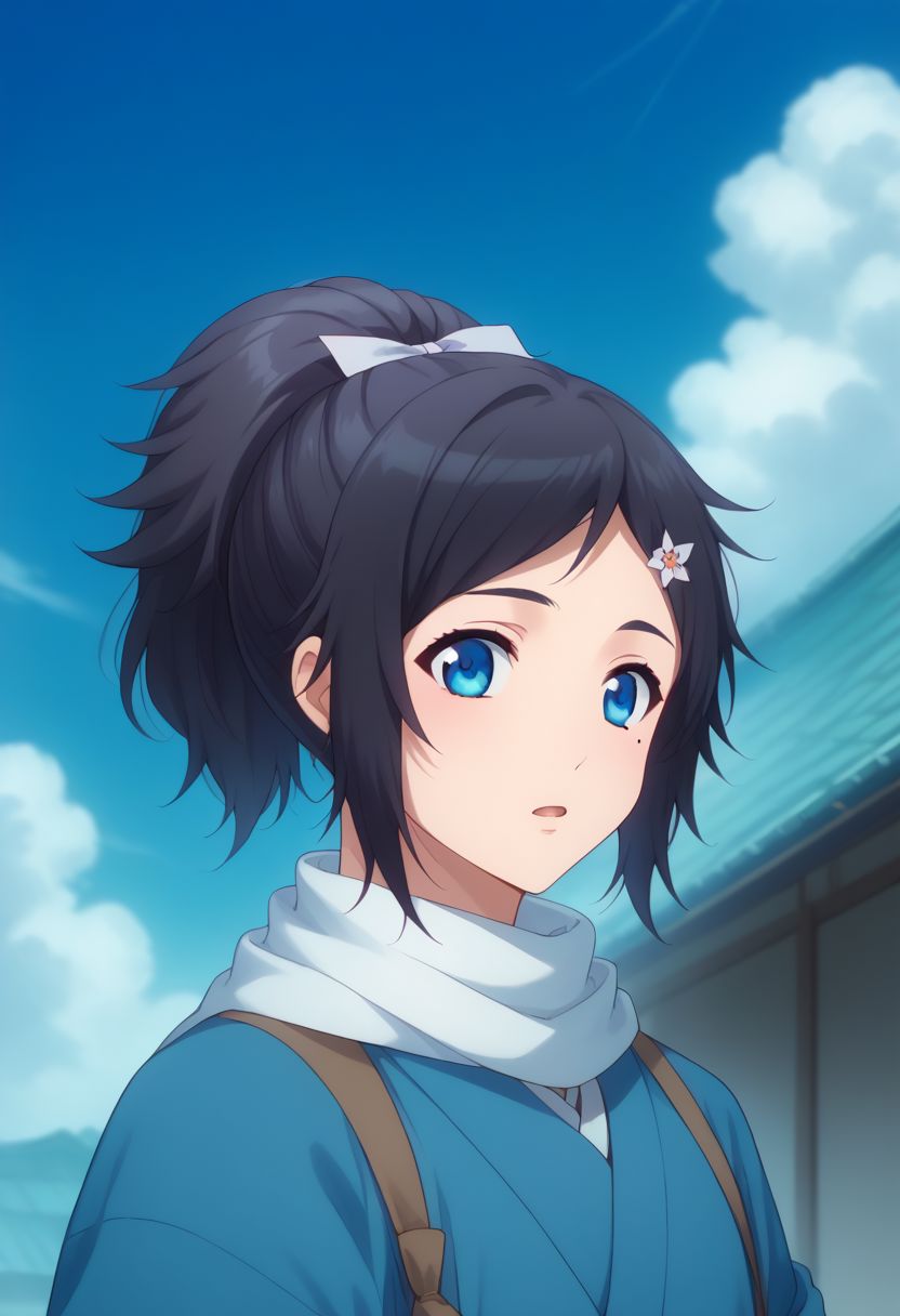 score_9, score_8_up, score_7_up, source_anime, highly detailed, 
yasusada,1boy, male focus, blue eyes, mole, mole under eye, solo, japanese clothes, scarf, hair ornament, sky, haori, black hair, cloud, day, hairclip, ponytail, open mouth,
upper body, blue sky,