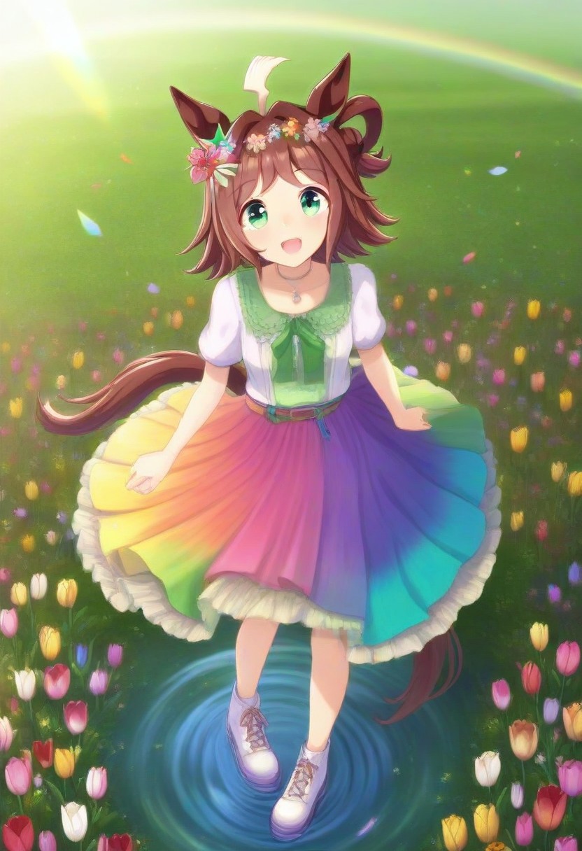 Tulip flower hair_ornament, (umamusume, rhein_kraft_(umamusume), horse_ears, horse_girl, tail, 1girl, ahoge, animal_ears,)
casual, field, flower, flower_field, green_eyes, hair_between_eyes,
head_wreath, looking_at_viewer,  solo, aesthetic, absurdres, symmetric ,spiralling vortex made of multicoloured tulips, lush foliage sunrise,  ripples, reflective, jaynl-tm, rainbow, , g0ldsw0rthy,
(realistic, photo,  artistic, medium_hair, one_eye_closed, petals, relaxing, smile,  : 0.7)