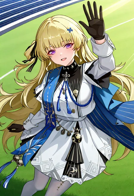 1girl, solo, phoebe wuthering waves, blonde hair, purple eyes, black gloves, blue sash, side cape, blue cape, long sleeves, white dress, white pantyhose, looking at viewer,
offering high-five to viewer, smiling confidently, pov high five, bright sports field, mid-range, dynamic angle, sunlight casting long shadows, energetic interaction
, <lora:Character_Phoebe-000015:0.8>