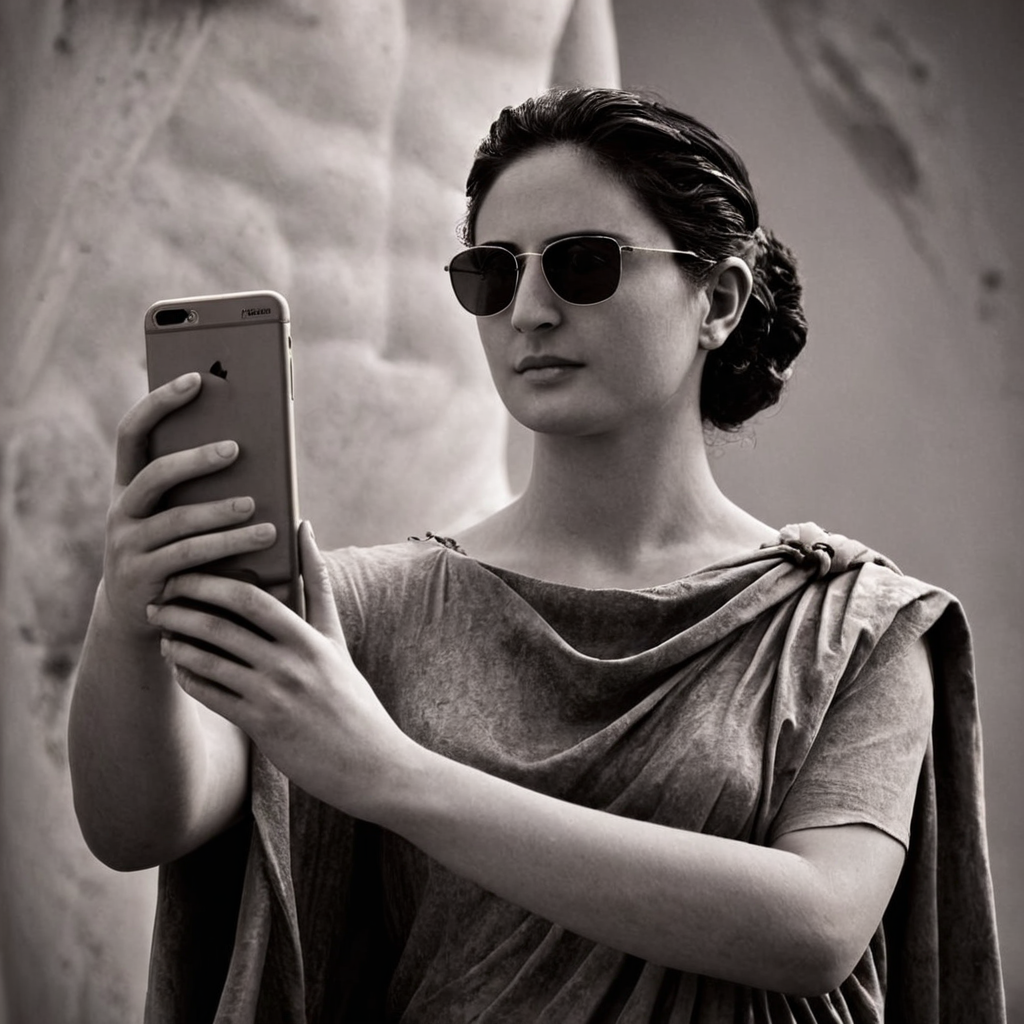 cinematic film still of <lora:add-detail-xl:0.1>1
<lora:detailed:0.3> realism
<lora:perfection style:0.2> perfect
<lora:eyetune:0.6>
<lora:xl_more_art-full_v1:0.1>
<lora:Ron Fricke style:0.3>
<lora:Unreal Engine style:0.3>
<lora:TeethXL:0.3>
<lora:Chiaroscuro Lighting Style:0.3> Chiaroscuro Lighting Style
 <lora:Greek mythology style:1>
In ancient mythical legendary world, Apollo a statue of a woman holding a cell phone, ancient Greeks, historical mythical movie themed, sharp, detailed, epic cinematic photography, artistic creative style, dramatic light style, cinematic color style, Kodak film style, Greek mythology style, solo, shirt, 1boy, holding, monochrome, upper body, male focus, scarf, phone, sunglasses, cellphone, t-shirt, clothes writing, smartphone, holding phone, realistic, simple background, jewelry, short sleeves, earrings, bag, meme, selfie, statue, iphone
, shallow depth of field, vignette, highly detailed, high budget, bokeh, cinemascope, moody, epic, gorgeous, film grain, grainy