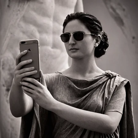 cinematic film still of <lora:add-detail-xl:0.1>1
<lora:detailed:0.3> realism
<lora:perfection style:0.2> perfect
<lora:eyetune:0.6>
<lora:xl_more_art-full_v1:0.1>
<lora:Ron Fricke style:0.3>
<lora:Unreal Engine style:0.3>
<lora:TeethXL:0.3>
<lora:Chiaroscuro Lighting Style:0.3> Chiaroscuro Lighting Style
<lora:Greek mythology style:1>
In ancient mythical legendary world, Apollo a statue of a woman holding a cell phone, ancient Greeks, historical mythical movie themed, sharp, detailed, epic cinematic photography, artistic creative style, dramatic light style, cinematic color style, Kodak film style, Greek mythology style, solo, shirt, 1boy, holding, monochrome, upper body, male focus, scarf, phone, sunglasses, cellphone, t-shirt, clothes writing, smartphone, holding phone, realistic, simple background, jewelry, short sleeves, earrings, bag, meme, selfie, statue, iphone
, shallow depth of field, vignette, highly detailed, high budget, bokeh, cinemascope, moody, epic, gorgeous, film grain, grainy