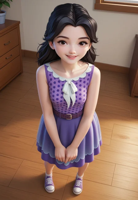 safe_pos, (zPDXL3) source_cartoon, solo, 1girl, full body, emma_lego, black hair, long hair, black eyes, polka dot dress, purple dress, sleeveless, belt, shoes, indoors, art gallery, sexy, dynamic angle, looking at viewer, smiling,