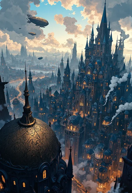 depicting a sprawling, fantastical cityscape with a steampunk aesthetic. The layout is a wide panoramic view showcasing a dense array of intricately designed buildings with pointed spires, domes, and elaborate architectural details. The structures are predominantly dark with hints of blue and bronze, creating a moody atmosphere. In the sky, several airships float among the clouds, adding to the steampunk theme. The city is bathed in a soft, diffused light, suggesting either dawn or dusk, with a warm glow emanating from windows and streetlights. Smoke rises from chimneys, contributing to the industrial feel. The foreground features a large, ornate dome with intricate patterns, while the background reveals a vast city stretching into the distance, with towering buildings silhouetted against the sky. The overall scene is rich in detail, evoking a sense of wonder and adventure.