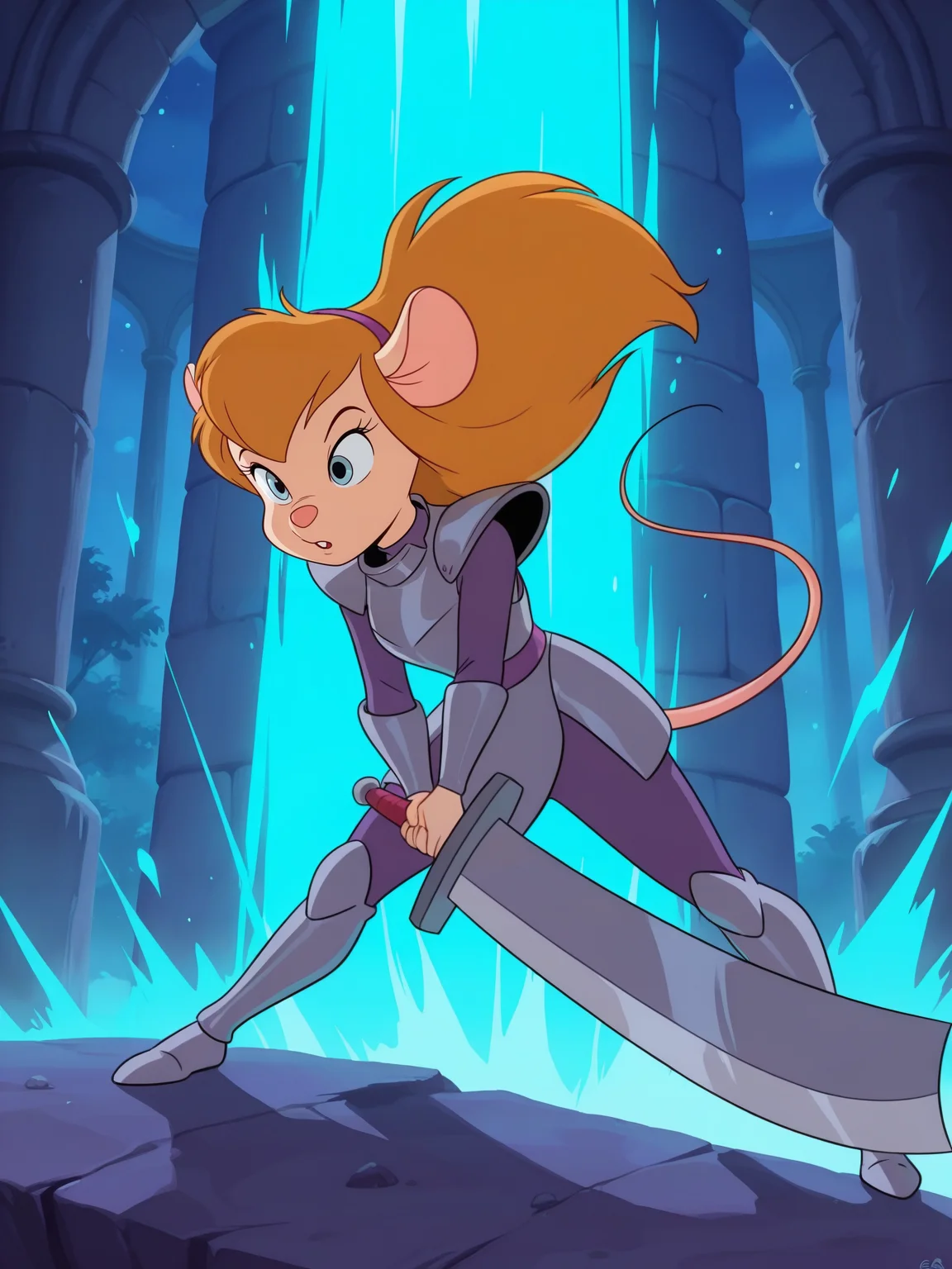 <lora:Gadget_HackwrenchIL:0.7> ga_ha, 1girl, blue eyes, long hair, animal ears, mouse, tail,
gigantic sword, steel armor,glowing liens, action, full body, glowing background