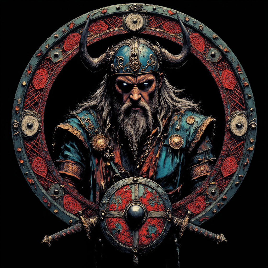 professional 3d model line art drawing <lora:ck-shadow-circuit:1> <lora:lora-Váhlgard_:1>Dirty paint.., art by Mike Mignola.This is a digital drawing in a highly detailed, intricate, and stylized art form, resembling a Viking or Norse-inspired design. The central figure is a bearded man with a stern expression, wearing a horned helmet adorned with intricate patterns in red, blue, and gold. His eyes are piercing blue, and his beard is long and flowing, with a mix of white and gray tones. He is dressed in elaborate armor with ornate details, including a chest plate and shoulder guards, all in shades of blue, red, and gold.Surrounding the figure is an ornate circular frame filled with intricate patterns and geometric shapes, predominantly in shades of blue, red, and white. The background is dark, enhancing the vivid colors and detailed textures of the central figure and frame. Below the figure, there is a shield with a red and white design, and two swords crossed behind the shield, also in a red and white pattern.The overall style is highly detailed and vibrant, with a mix of traditional and modern elements, reminiscent of both ancient Viking art and contemporary digital art. The image conveys a sense of strength, power, and historical grandeur through its rich, bold colors and intricate designs.
. . professional, sleek, modern, minimalist, graphic, line art, vector graphics . octane render, highly detailed, volumetric, dramatic lighting