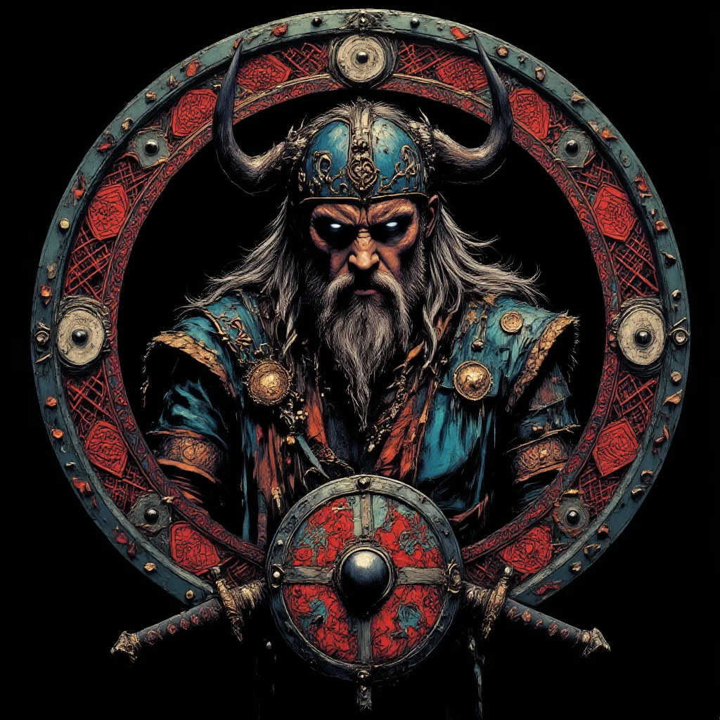 professional 3d model line art drawing <lora:ck-shadow-circuit:1> <lora:lora-Váhlgard_:1>Dirty paint.., art by Mike Mignola.This is a digital drawing in a highly detailed, intricate, and stylized art form, resembling a Viking or Norse-inspired design. The central figure is a bearded man with a stern expression, wearing a horned helmet adorned with intricate patterns in red, blue, and gold. His eyes are piercing blue, and his beard is long and flowing, with a mix of white and gray tones. He is dressed in elaborate armor with ornate details, including a chest plate and shoulder guards, all in shades of blue, red, and gold.Surrounding the figure is an ornate circular frame filled with intricate patterns and geometric shapes, predominantly in shades of blue, red, and white. The background is dark, enhancing the vivid colors and detailed textures of the central figure and frame. Below the figure, there is a shield with a red and white design, and two swords crossed behind the shield, also in a red and white pattern.The overall style is highly detailed and vibrant, with a mix of traditional and modern elements, reminiscent of both ancient Viking art and contemporary digital art. The image conveys a sense of strength, power, and historical grandeur through its rich, bold colors and intricate designs.
. . professional, sleek, modern, minimalist, graphic, line art, vector graphics . octane render, highly detailed, volumetric, dramatic lighting