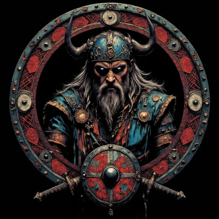 professional 3d model line art drawing <lora:ck-shadow-circuit:1> <lora:lora-Váhlgard_:1>Dirty paint.., art by Mike Mignola.This is a digital drawing in a highly detailed, intricate, and stylized art form, resembling a Viking or Norse-inspired design. The central figure is a bearded man with a stern expression, wearing a horned helmet adorned with intricate patterns in red, blue, and gold. His eyes are piercing blue, and his beard is long and flowing, with a mix of white and gray tones. He is dressed in elaborate armor with ornate details, including a chest plate and shoulder guards, all in shades of blue, red, and gold.Surrounding the figure is an ornate circular frame filled with intricate patterns and geometric shapes, predominantly in shades of blue, red, and white. The background is dark, enhancing the vivid colors and detailed textures of the central figure and frame. Below the figure, there is a shield with a red and white design, and two swords crossed behind the shield, also in a red and white pattern.The overall style is highly detailed and vibrant, with a mix of traditional and modern elements, reminiscent of both ancient Viking art and contemporary digital art. The image conveys a sense of strength, power, and historical grandeur through its rich, bold colors and intricate designs.
. . professional, sleek, modern, minimalist, graphic, line art, vector graphics . octane render, highly detailed, volumetric, dramatic lighting
