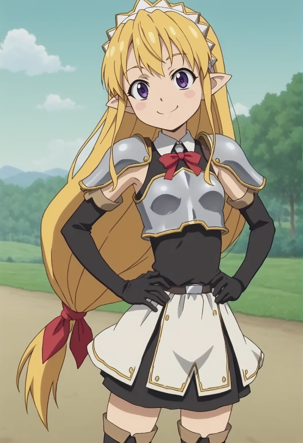 1girl, solo, pointy ears, really long hair, blonde hair, purple eyes, ribbon, small breasts, bodysuit, collar, breastplate, headdress, shoulder pad, elbow gloves, black thighhighs, hands on waist, proud, anime screencap arms up, smile, smug <lora:Lisa Xl:1> <lora:Cecily XL:0.8>, score_9, score_8_up, score_7_up, score_6_up, score_5_up, score_4_up, BREAK source_anime, masterpiece