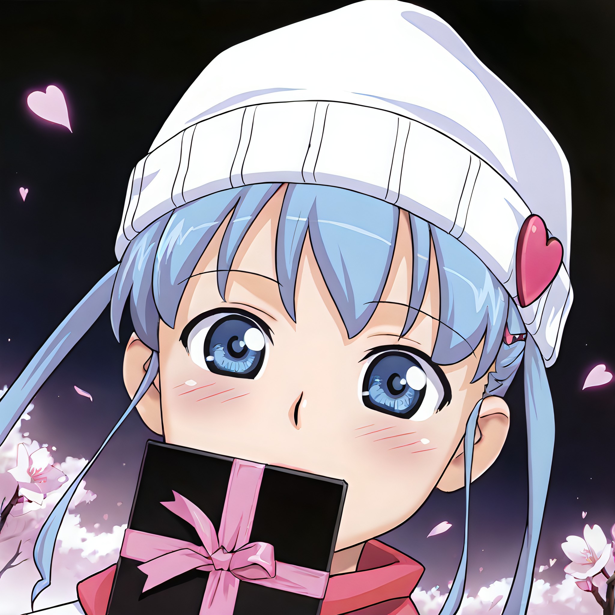 newest, very awa, masterpiece, 1girl, face, portrait, looking at viewer, 
masterpiece,best quality,amazing quality,very aesthetic,absurdres,newest,detailed eyes,
face focus, upper body view, dynamic angle,
blushing, \(holding a box of chocolates\), floating hair, joy,hope,
\(1boy, black male silhouette in the background\),
\(one giant square in background:1.4\), black background, abstract background, minimalistic composition, pink background details, dark, pink neon lights, light from one side, dark shadow, 
bloheachij, bloheachij frame, blossoms, hearts, Dawn, Blue hair, Shoulder-length hair, Two yellow hair clips, Blue eyes, Fair skin, Pink miniskirt, Black top, Pink boots, White beanie hat, Red scarf, hikari