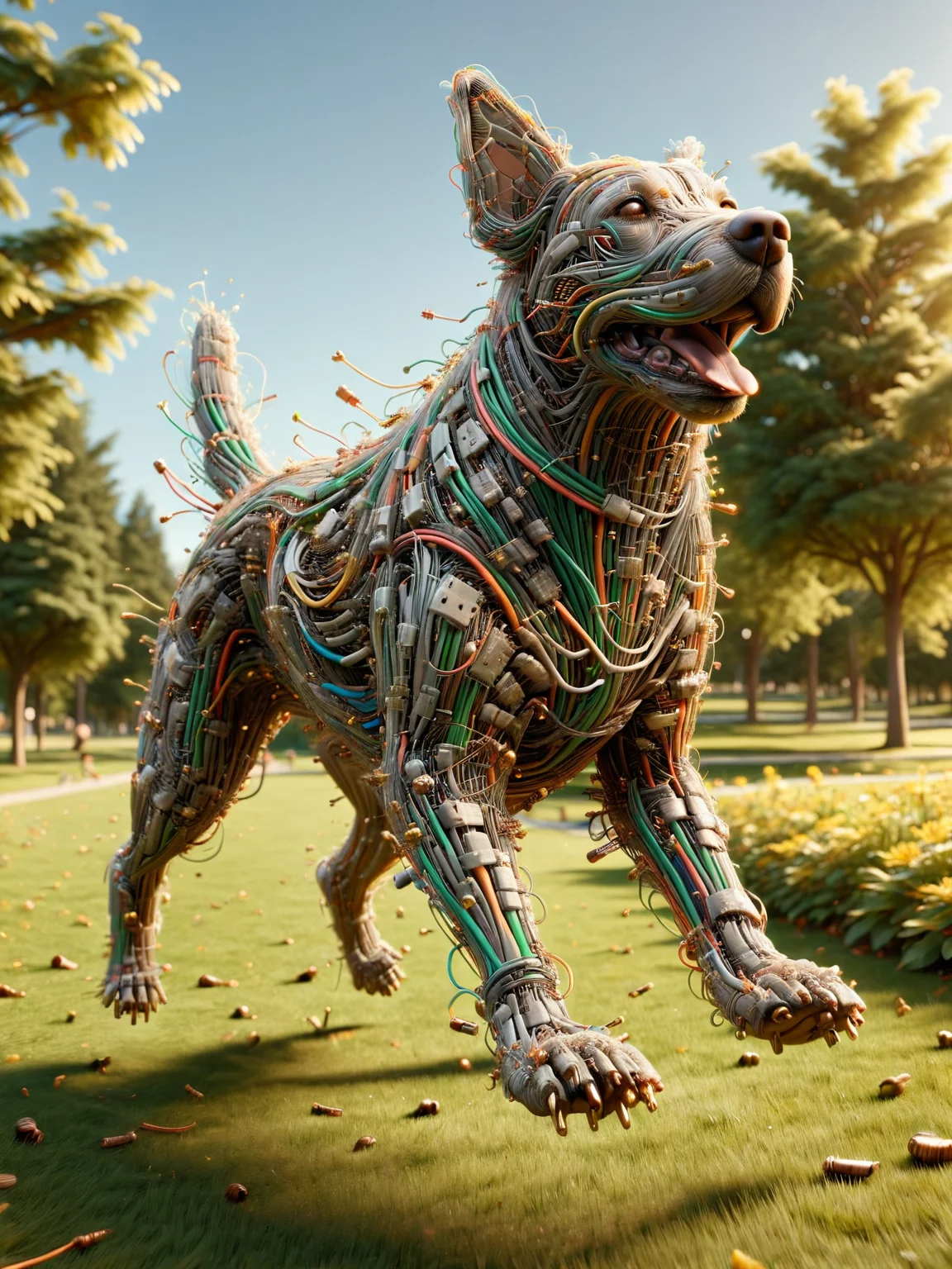 ais-wirez dog, running through a sunny park <lora:Electrical_Wires_Style_SDXL:1>