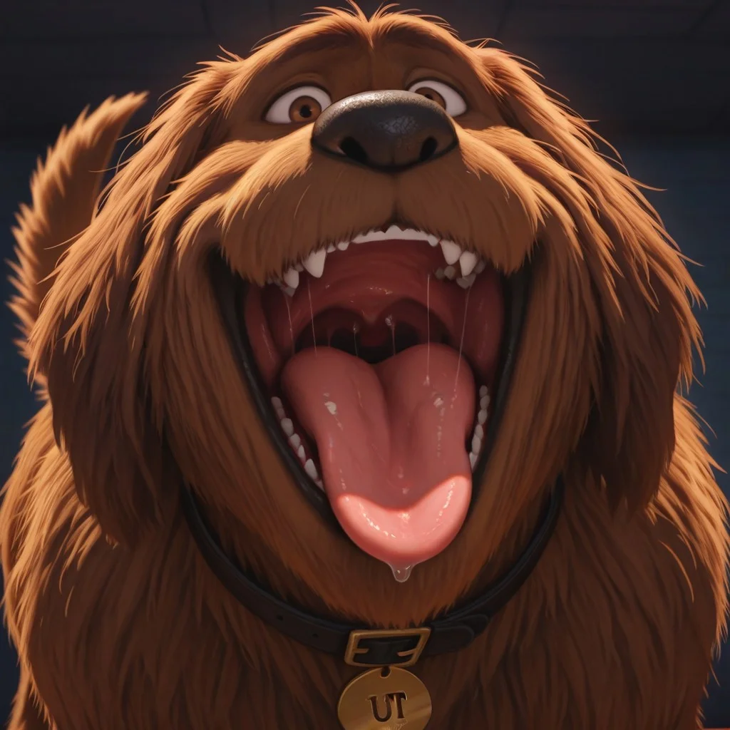 Duke(TSLoP), Solo, 1boy, feral, dog, brown fur, brown eyes, shaggy fur, dog tail, black nose, black collar, gold tag, looking at viewer, throat, mouth shot, mawshot, open mouth, saliva, tongue, uvula,