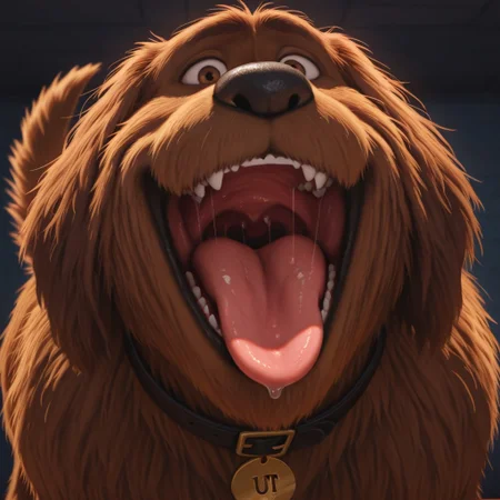Duke(TSLoP), Solo, 1boy, feral, dog, brown fur, brown eyes, shaggy fur, dog tail, black nose, black collar, gold tag, looking at viewer, throat, mouth shot, mawshot, open mouth, saliva, tongue, uvula,