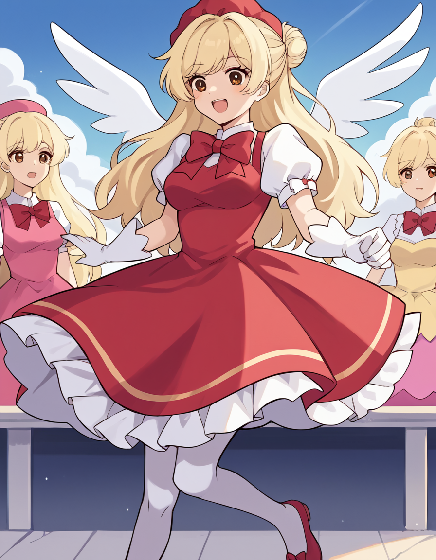 score_9, score_8_up, score_7_up, source_anime, <lora:classof09-jecka-ingame-ponyxl-lora-nochekaiser:1>, jecka, long hair, bangs, blonde hair, brown eyes, medium breasts, hair bun, single hair bun,, <lora:sakura-kinomoto-cosplay-ponyxl-lora-nochekaiser:1>, sakurakinomotocosplay, kinomoto sakura (cosplay), bow, bowtie, dress, gloves, hat, magical girl, pantyhose, petticoat, ppuffy short sleeves, puffy sleeves, red bow, red bowtie, red dress, red hat, short sleeves, white gloves, white pantyhose, white wings, wings,, outdoors, open mouth, blush, smile, flying, , dutch angle,
