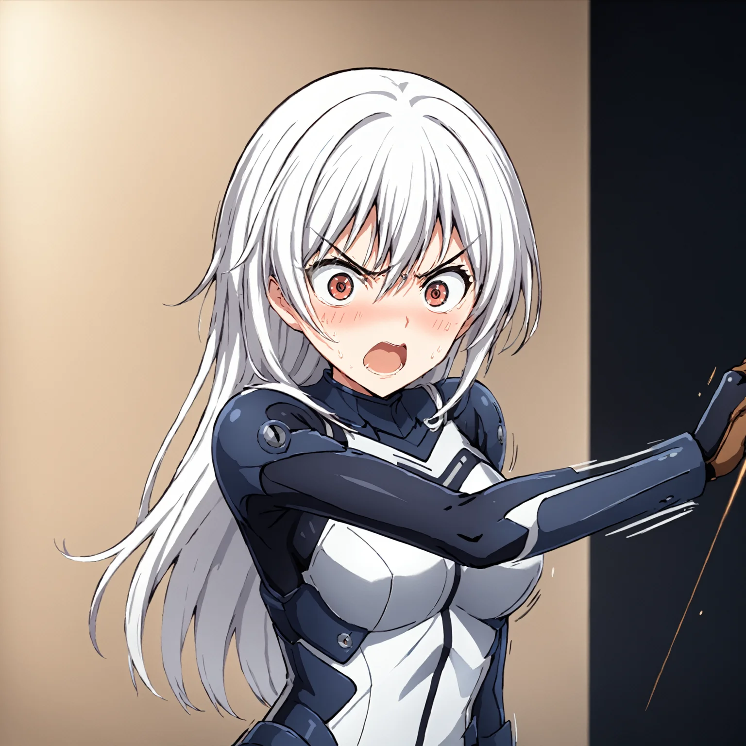 masterpiece, best quality,
1girl,solo,
<lora:gostlapped.sdxl.v1_r1:0.8> gostlapped,
(angry:0.8),
(motion blur), motion lines,
<lora:harukakuramori.sdxl.v3:0.9> haruka kuramori,white hair, bodysuit, armor,scared, surprised, wide-eyed,