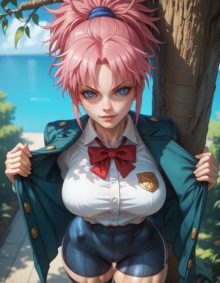 score_9, score_8_up, score_7_up,source_anime,  BREAK
1girl,
<lora:add-detail-xl:1.0> , <lora:Expressive_H:0.8> Expressiveh,  
<lora:muscular:1.1> ,muscular female,fit,narrow waist,
<lora:monorirogue_pd_glora:0.8> <lora:d3t41l3dXLP:0.9> d3t41l3d
hunter x hunter, machi komacine, pink hair, ponytail,  blue eyes, 
thon,
school uniform,
 solo,
large breasts, thick thighs, naughty face, 
against tree, 
pov, from above,
looking at viewer, bike shorts, leg up, muscular, standing,  japanese clothes,  breasts, thighhighs,
