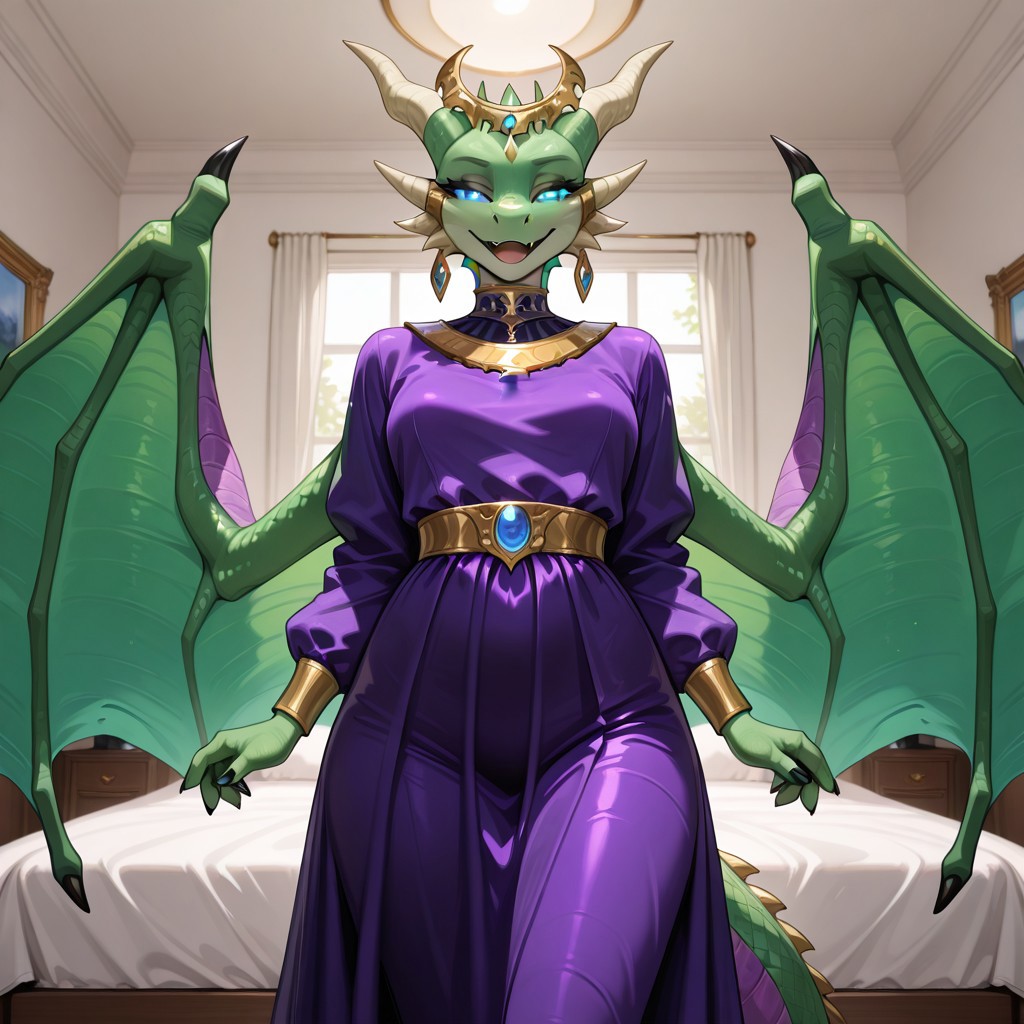 1girl, highres, absurdres, newest, masterpiece, best quality, furry, furry_female, ysera_wc, dragon, green scales, wings, horns, tail, purple underbelly, blue eyes, black nails, glowing eyes, headpiece, anthro, detailed eyes, (standing, purple dress, modest clothing), open_mouth, open mouth smile, luxurious detailed room, bright room, white bed, white room, day scene, professional lighting, solo, bedroom, smiling, seductive, looking_at_viewer, masterpiece, close up, safe