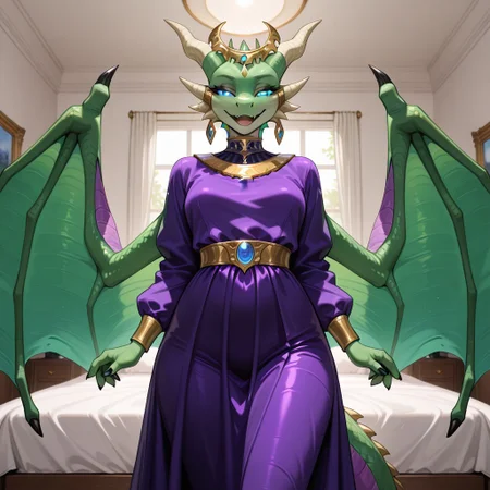 1girl, highres, absurdres, newest, masterpiece, best quality, furry, furry_female, ysera_wc, dragon, green scales, wings, horns, tail, purple underbelly, blue eyes, black nails, glowing eyes, headpiece, anthro, detailed eyes, (standing, purple dress, modest clothing), open_mouth, open mouth smile, luxurious detailed room, bright room, white bed, white room, day scene, professional lighting, solo, bedroom, smiling, seductive, looking_at_viewer, masterpiece, close up, safe