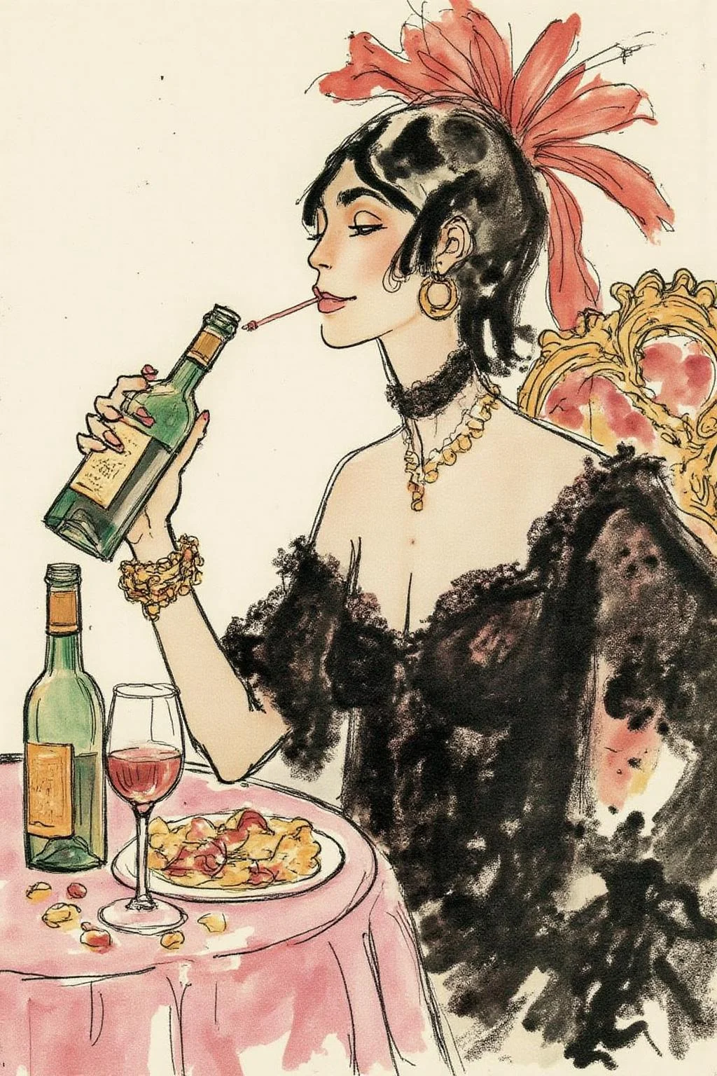 hugop1 illustration.
A woman sitting at a table with a bottle of wine in her hand. The woman is wearing a black little dress.
<lora:hugop1_cap_d6a3e12:1.0><lora:824402939637569457:0>