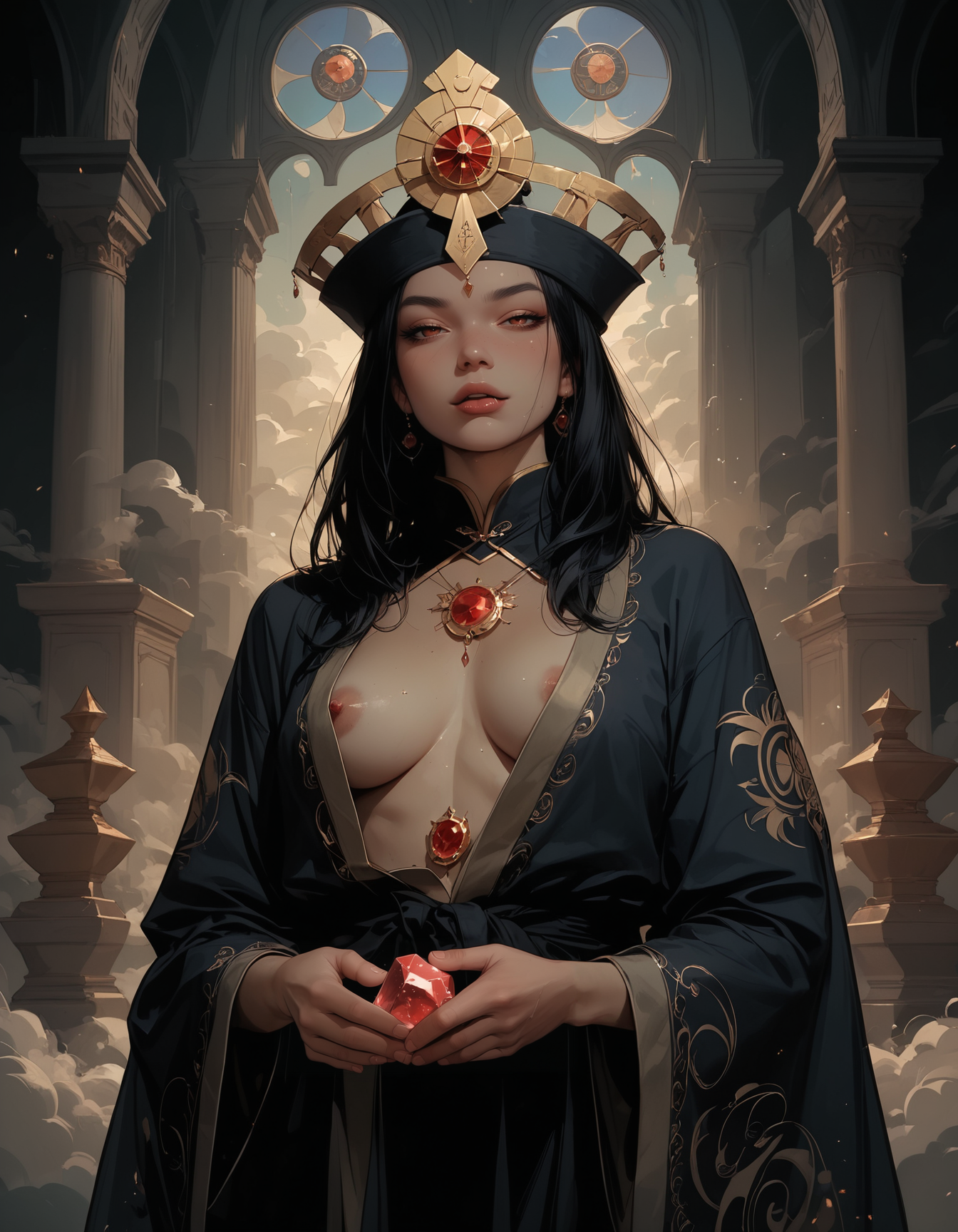score_9, score_8_up, score_7_up, score_7, score_6_up, score_5_up, reij-nmrt, An elven woman wearing an alchemist robe with hat, surrounded by floating magic, gemstones on her robe reflect the light, moody light, scenery is detailed with stardust, alchemist interior, cuteness overload, magical atmosphere, fairytale like, summon elemental magic, film gain, <lora:artstyle-000008:0.8>