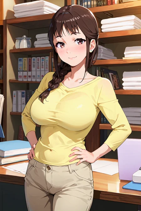 score_9, score_8_up, score_7_up, score_6_up, source_anime, segawamisato, 1girl, solo, , single braid, khaki pants, hair over shoulder, long hair, looking at viewer, , large breasts, yellow shirt, brown hair, collarbone, long sleeves, blush (cowboy shot:1.5), smile,standing, desk, bookshelf, hands on own hips, <lora:segawamisato_pony3:1> (stud earrings:0.4),