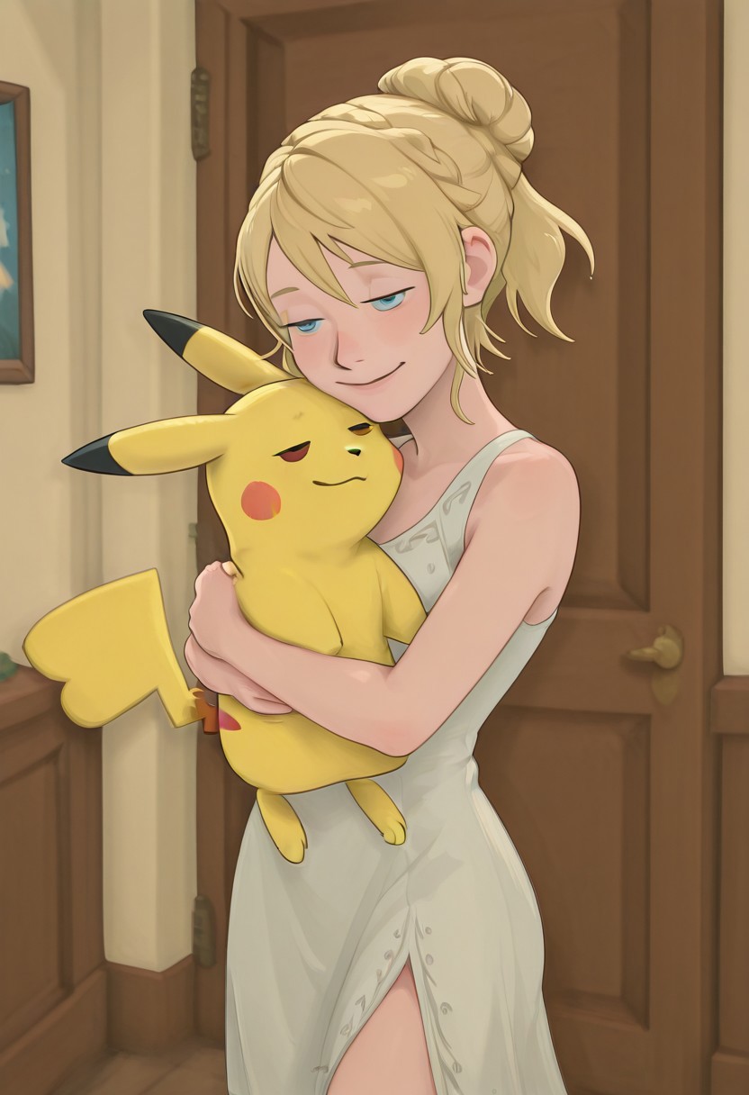 embedding:IllusP0s, g00se, from front, Lunafreya Nox Fleuret, blonde hair, hair up, braid, asymmetrical bangs, sleeveless dress, white dress, blue eyes, hugging pikachu, hug, pikachu, 1girl, solo, loving, smile,<lora:g00se_v2_ill.safetensors:1.0:1.0> <lora:Lunafreya_Nox_Fleuret_ill.safetensors:1:1>