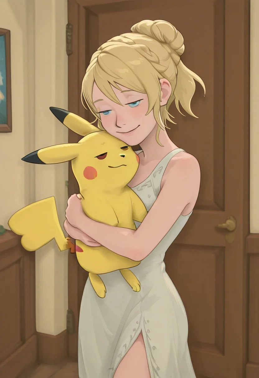 embedding:IllusP0s, g00se, from front, Lunafreya Nox Fleuret, blonde hair, hair up, braid, asymmetrical bangs, sleeveless dress, white dress, blue eyes, hugging pikachu, hug, pikachu, 1girl, solo, loving, smile,<lora:g00se_v2_ill.safetensors:1.0:1.0> <lora:Lunafreya_Nox_Fleuret_ill.safetensors:1:1>